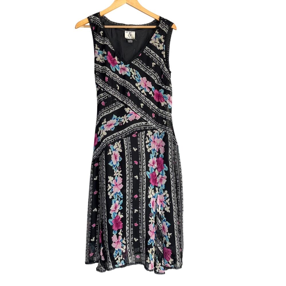 Vintage 100% Silk Asian Flowers Midi Dress Floral Striped Sleeveless Womens 14